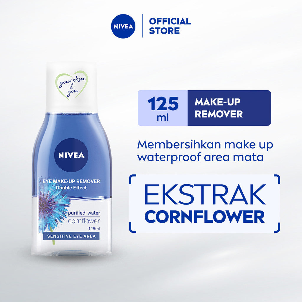 NIVEA Eye Makeup Remover Double Effect 125ml - Pembersih make up mata bibir mascara make up riasan tebal waterproof tidak perih cocok untuk kulit sensitif biphase oil micellar - Corn Flower, Purified Water