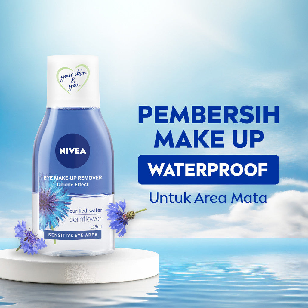 NIVEA Eye Makeup Remover Double Effect 125ml - Pembersih make up mata bibir mascara make up riasan tebal waterproof tidak perih cocok untuk kulit sensitif biphase oil micellar - Corn Flower, Purified Water