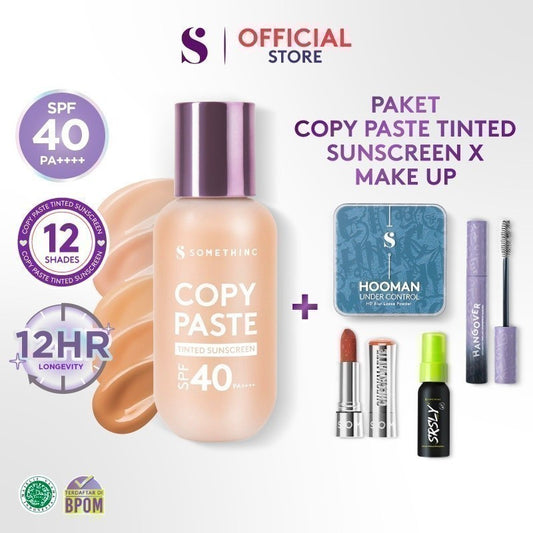SOMETHINC [2 PCS] Paket Copy Paste Tinted Sunscreen x Makeup (Copy Paste Tinted Sunscreen SPF 40 PA++++ Skin Tint, Checkmatte Transferproof Lipstick, Hangover Smudgeproof Mascara, SRSLY Setting Spray, Hooman Under Control Loose Powder)