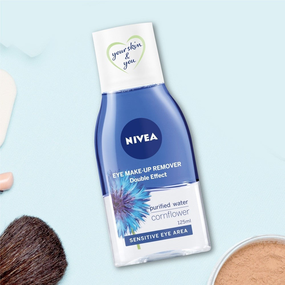 NIVEA Eye Makeup Remover Double Effect 125ml - Pembersih make up mata bibir mascara make up riasan tebal waterproof tidak perih cocok untuk kulit sensitif biphase oil micellar - Corn Flower, Purified Water