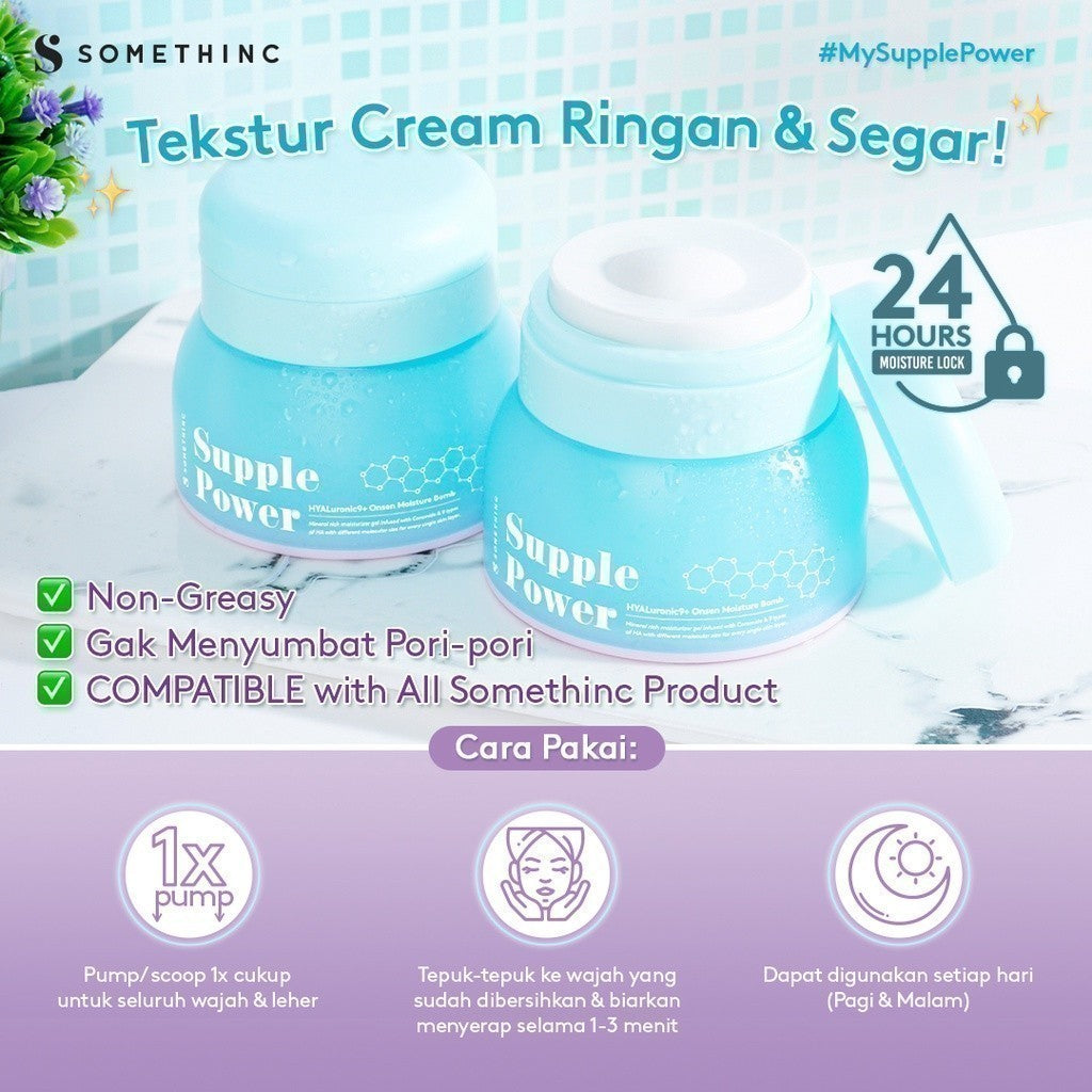 SOMETHINC Supple Power Hyaluronic9+Onsen Moisture Bomb Gel - Pelembap yang Menghidrasi cocok untuk Kulit & Sensitif, Moisturizer Non Comedogenic