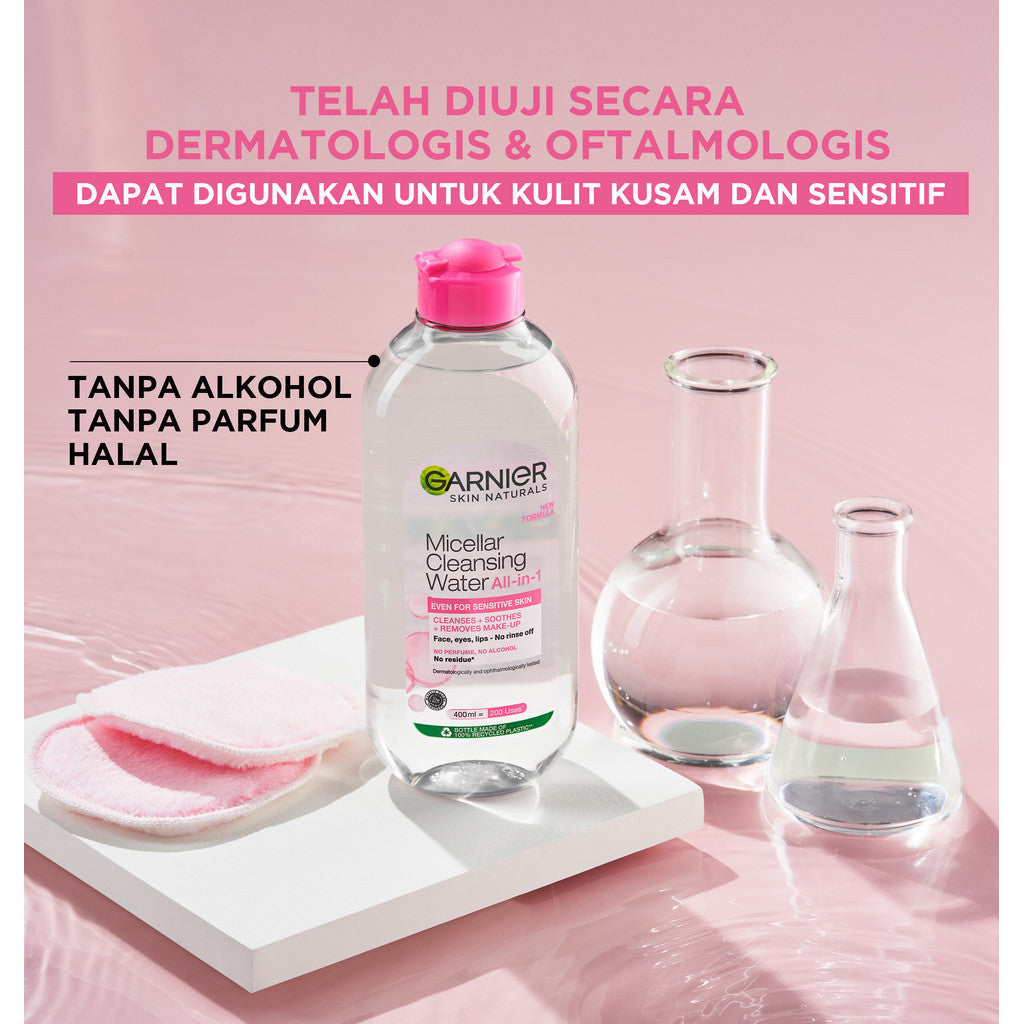Paket Garnier 2-Step Micellar & Sunscreen Kit - Micellar Water Pink 400ml + Super UV Invisible Serum Sunscreen SPF 50+ PA++++ 30ml
