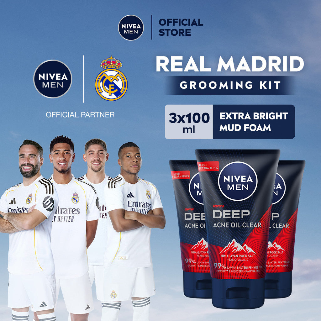 (PAKET HEMAT ISI 3) NIVEA MEN Facial Foam Deep Acne Oil Clear Face Scrub 100ml - Sabun cuci muka pria wajah membersihkan bakteri penyebab jerawat komedo kontrol kulit berminyak mengecilkan pori dan angkat sel kulit mati - Himalayan Salt, Salicylic Acid