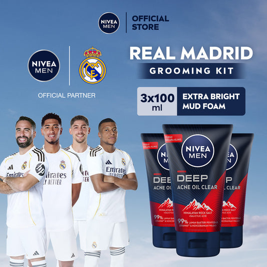 (PAKET HEMAT ISI 3) NIVEA MEN Facial Foam Deep Acne Oil Clear Face Scrub 100ml - Sabun cuci muka pria wajah membersihkan bakteri penyebab jerawat komedo kontrol kulit berminyak mengecilkan pori dan angkat sel kulit mati - Himalayan Salt, Salicylic Acid