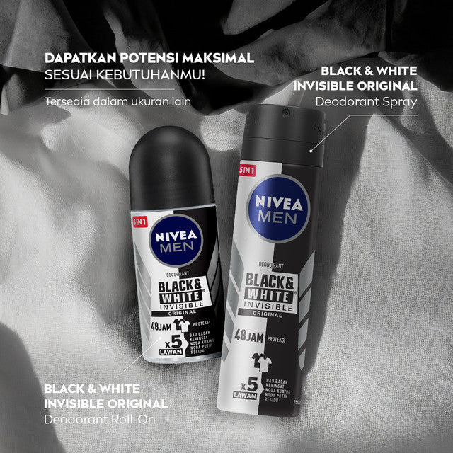 NIVEA MEN Deodorant Roll On Black & White Invisible Original 25ml - Deodoran pria melawan bakteri keringat bau badan dengan teknologi anti noda kuning putih dan residu wangi maskulin segar seharian - Antiperspiran, tidak mengandung ethyl alkohol