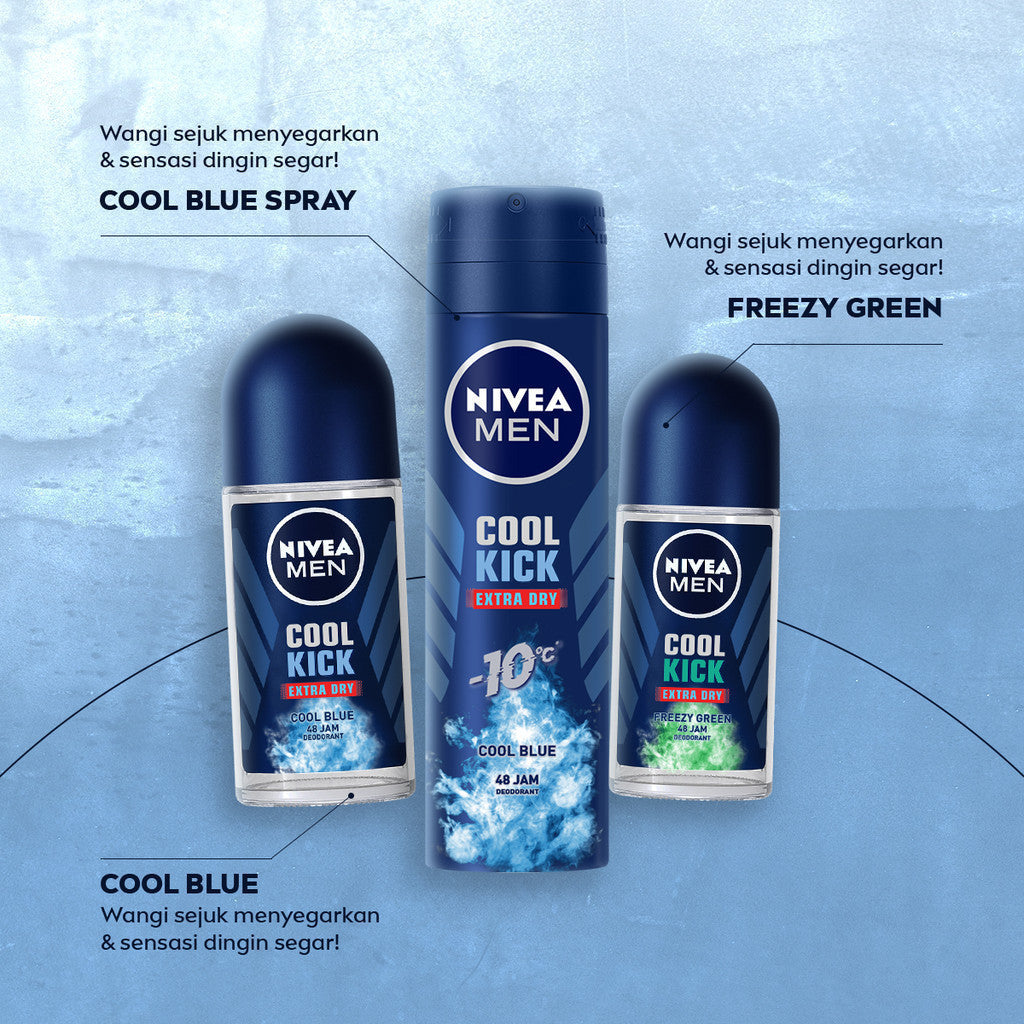 NIVEA MEN Deodorant Roll On Cool Kick 50ml - Deodoran pria perlindungan ekstra kering dari keringat bau badan dengan sensasi dingin dan wangi sporty maskulin seharian - Antiperspiran, tidak mengandung ethyl alkohol cocok untuk semua jenis kulit