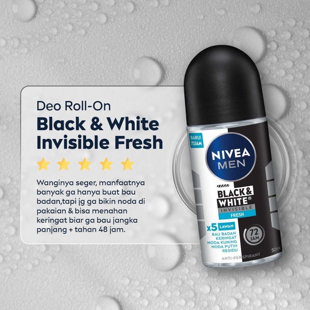 NIVEA MEN Deodorant Roll On Black & White Invisible Fresh 50ml - Deodoran pria melawan bakteri keringat bau badan dengan teknologi anti noda kuning putih dan residu wangi maskulin segar seharian - Antiperspiran, tidak mengandung ethyl alkohol