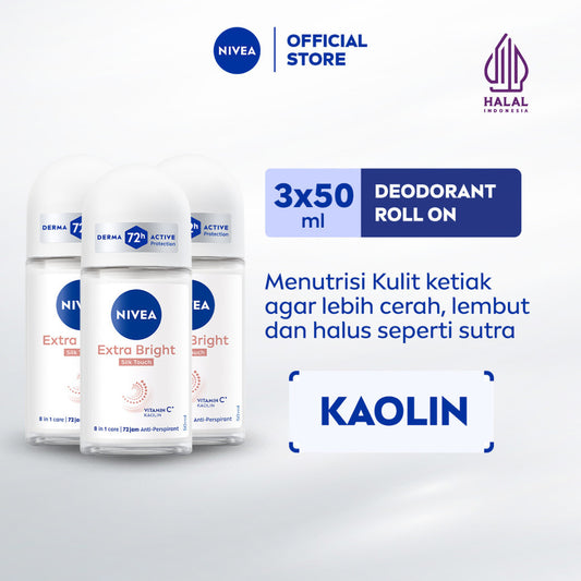 (PAKET HEMAT ISI 3) NIVEA Deodorant Roll On Brightening Silk Touch 50ml - Deodoran wanita mencerahkan brightening menutrisi kulit ketiak halus lembut dan cerah dengan wangi segar seharian - Vitamin C, Kaolin, 0% alkohol cocok untuk semua jenis kulit