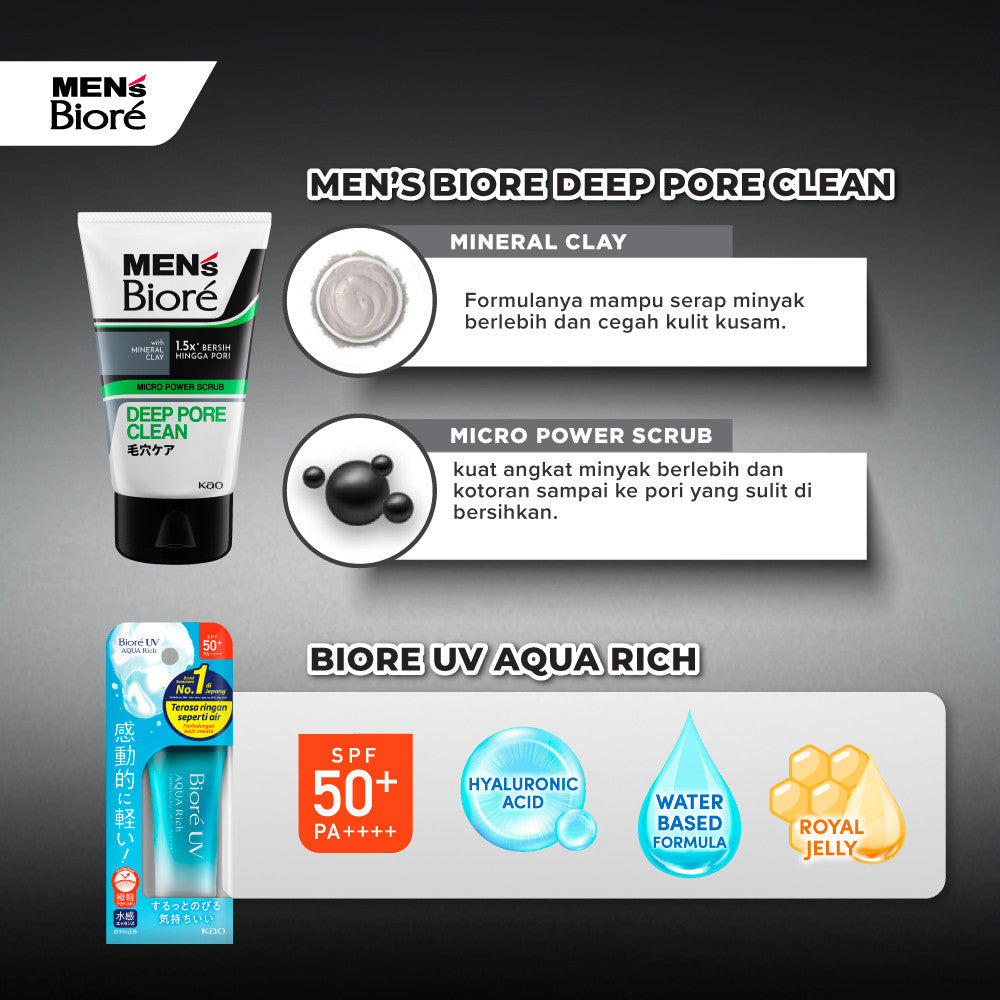 [Double Protection Kit] Men's Biore Double Scrub Sabun Muka Pria Deep Fresh 100 gr + UV Aqua Rich Sunscreen Watery Essence 15 gr