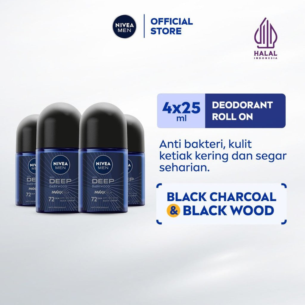 (PAKET HEMAT ISI 4) NIVEA MEN Deodorant Roll On Deep Darkwood 25ml - Deodoran pria melawan bakteri keringat bau badan dengan wangi parfum premium maskulin blackwood menjaga ketiak kering tahan lama seharian - Antiperspiran, Black charcoal
