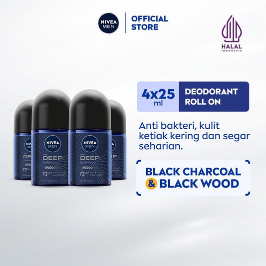 (PAKET HEMAT ISI 4) NIVEA MEN Deodorant Roll On Deep Darkwood 25ml - Deodoran pria melawan bakteri keringat bau badan dengan wangi parfum premium maskulin blackwood menjaga ketiak kering tahan lama seharian - Antiperspiran, Black charcoal