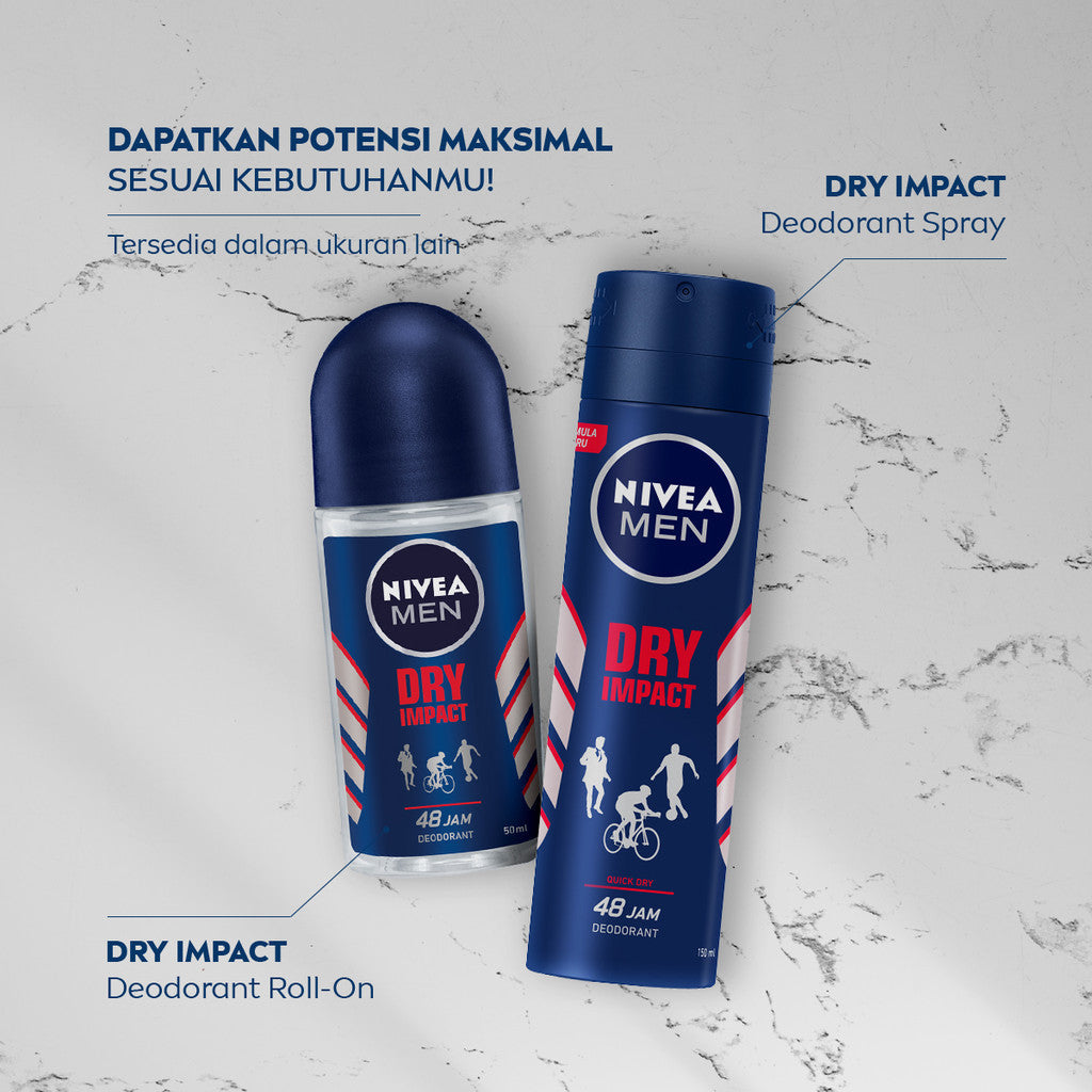 (PAKET HEMAT ISI 3) NIVEA MEN Deodorant Roll On Dry Impact 50ml - Deodoran pria anti bakteri antiperspirant anti noda baju wangi segar ketiak kering tahan lama seharian tahan keringat anti bau - Antiperspiran, tidak mengandung ethyl alkohol