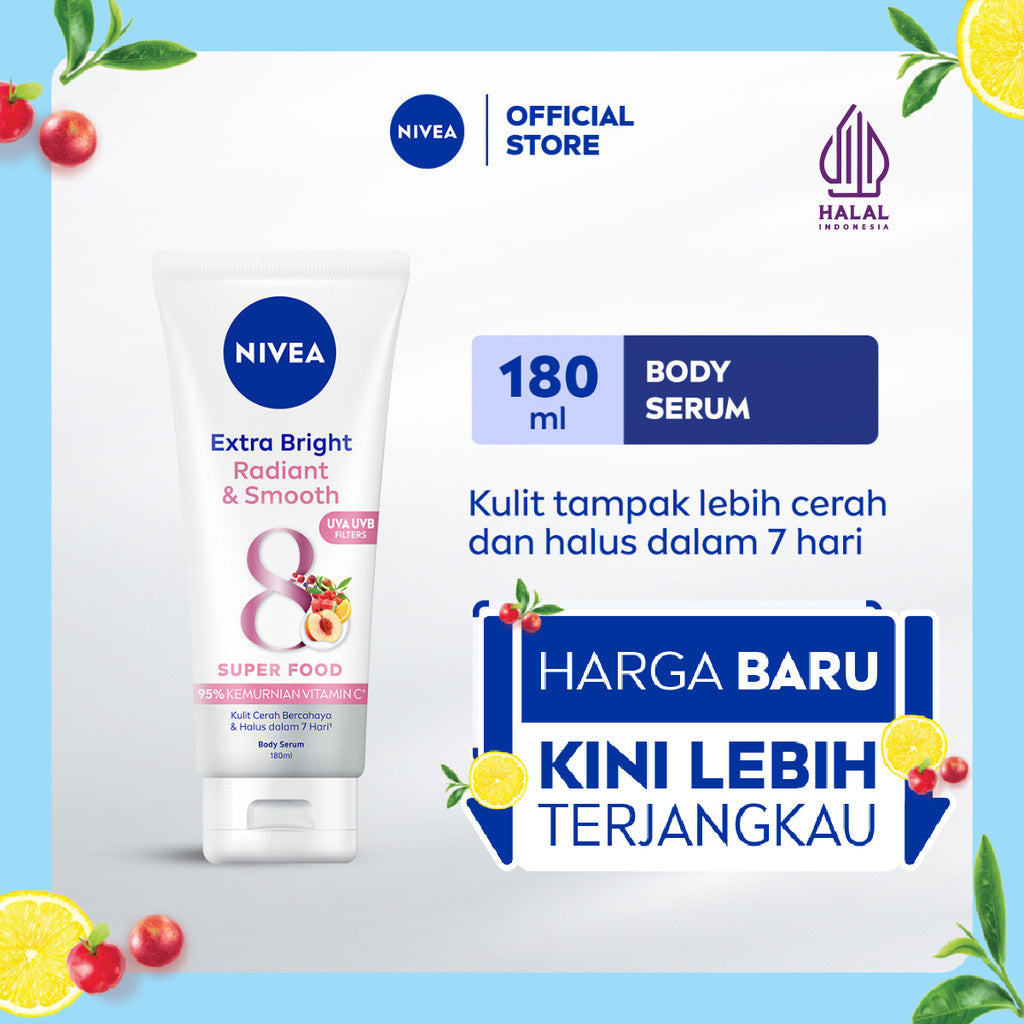 NIVEA Body Serum Extra Bright Radiant & Smooth UV Filter 180ml - Hand body serum lotion moisturizer mencerahkan kulit kusam halus lembut badan glowing brightening tone up serum melembabkan kulit kering - 95% Vitamin C, UVA UVB Filter, 8 Super food