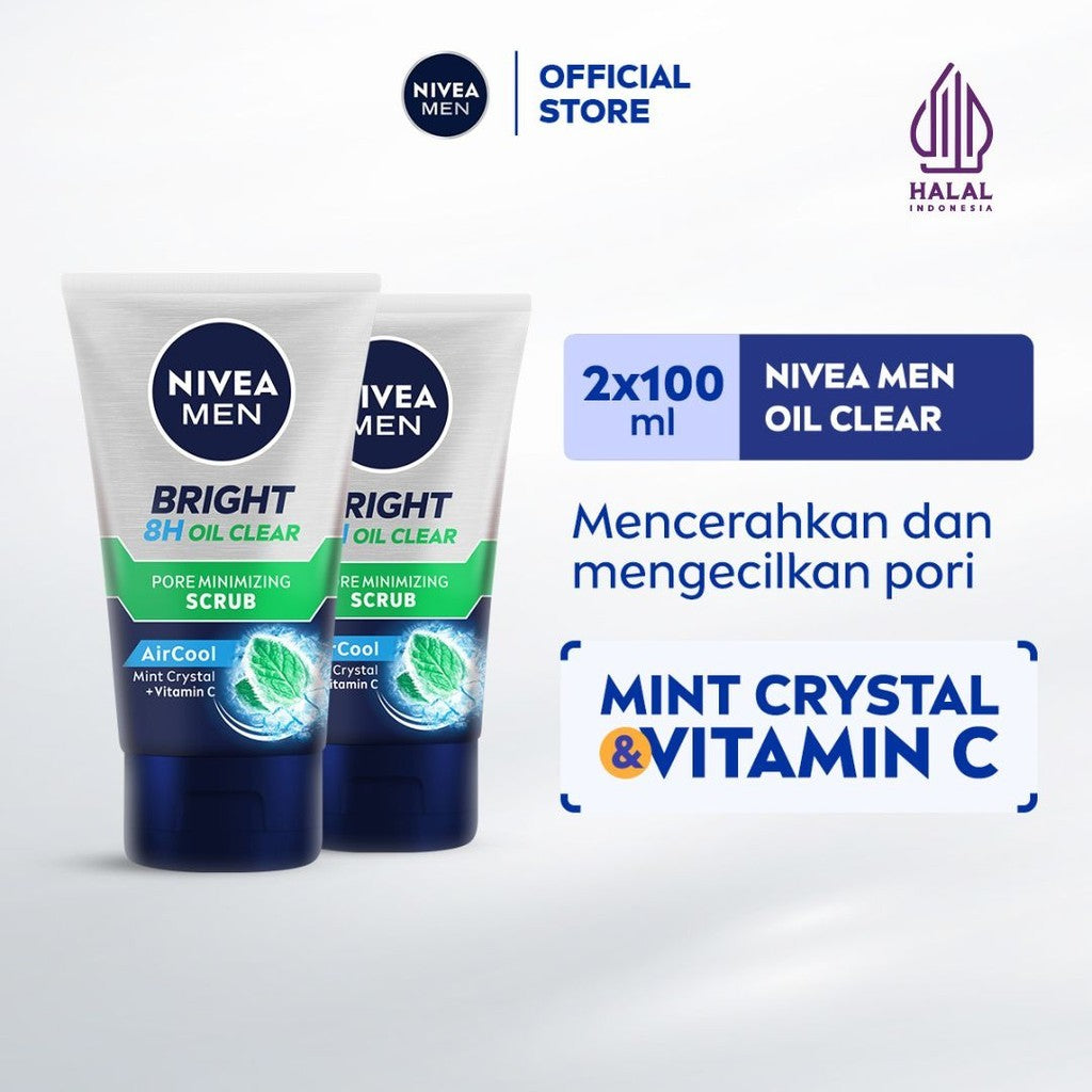 (PAKET HEMAT ISI 2) NIVEA MEN Face Scrub Bright Oil Clear Pore Minimizing Scrub 100ml - Sabun cuci muka pria scrub mencerahkan minyak berlebih berminyak kulit kusam wajah cerah mengecilkan pori komedo polusi debu - Vitamin C, Mint Crystal, Scrub halus