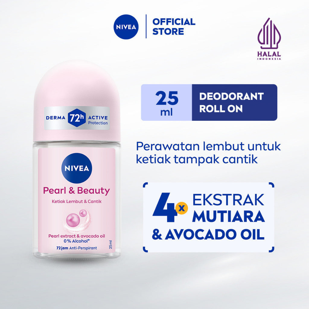 NIVEA Deodorant Roll On Pearl & Beauty 25ml - Deodoran wanita mencerahkan brightening glowing kulit ketiak halus tahan keringat dan anti bau badan - Antiperspiran, Ekstrat mutiara, Avocado oil, 0% alkohol cocok untuk semua jenis kulit