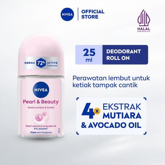 NIVEA Deodorant Roll On Pearl & Beauty 25ml - Deodoran wanita mencerahkan brightening glowing kulit ketiak halus tahan keringat dan anti bau badan - Antiperspiran, Ekstrat mutiara, Avocado oil, 0% alkohol cocok untuk semua jenis kulit