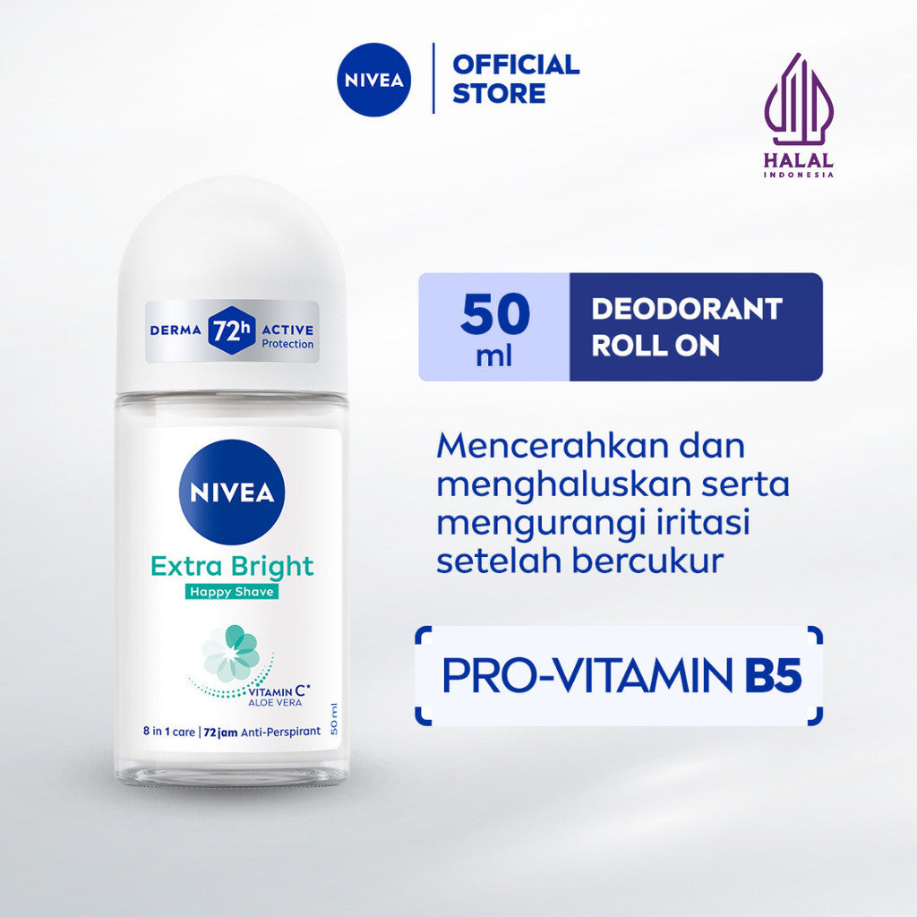 NIVEA Deodorant Roll On Brightening Happy Shave 50ml - Deodoran wanita mencerahkan mencerahkan brightening ketiak halus mulus mengurangi iritasi setelah bercukur - Vitamin C, Pro-vitamin B5, Aloe vera, 0% alkohol cocok semua jenis kulit