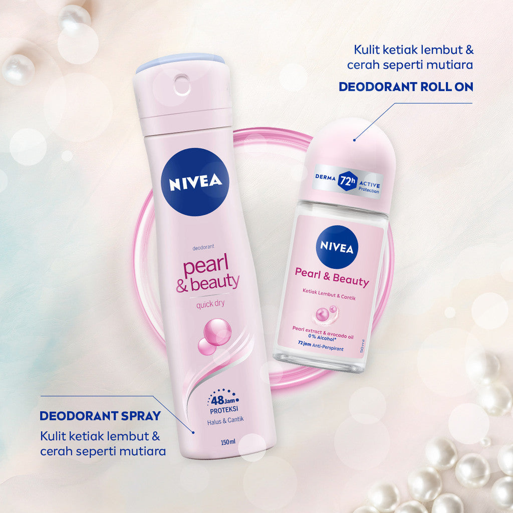 NIVEA Deodorant Roll On Pearl & Beauty 50ml - Deodoran wanita mencerahkan brightening glowing kulit ketiak halus tahan keringat dan anti bau badan - Antiperspiran, Ekstrat mutiara, Avocado oil, 0% alkohol cocok untuk semua jenis kulit