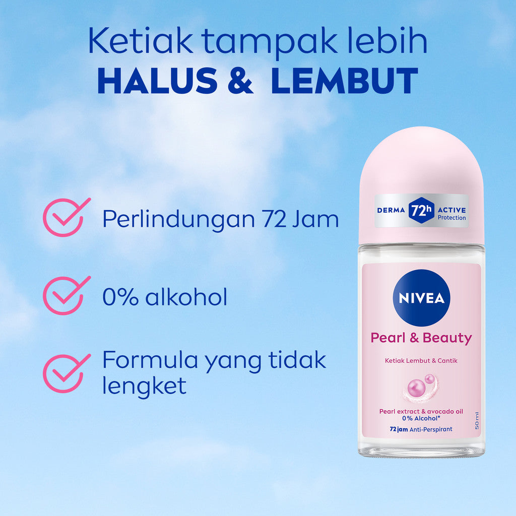 NIVEA Deodorant Roll On Pearl & Beauty 50ml - Deodoran wanita mencerahkan brightening glowing kulit ketiak halus tahan keringat dan anti bau badan - Antiperspiran, Ekstrat mutiara, Avocado oil, 0% alkohol cocok untuk semua jenis kulit