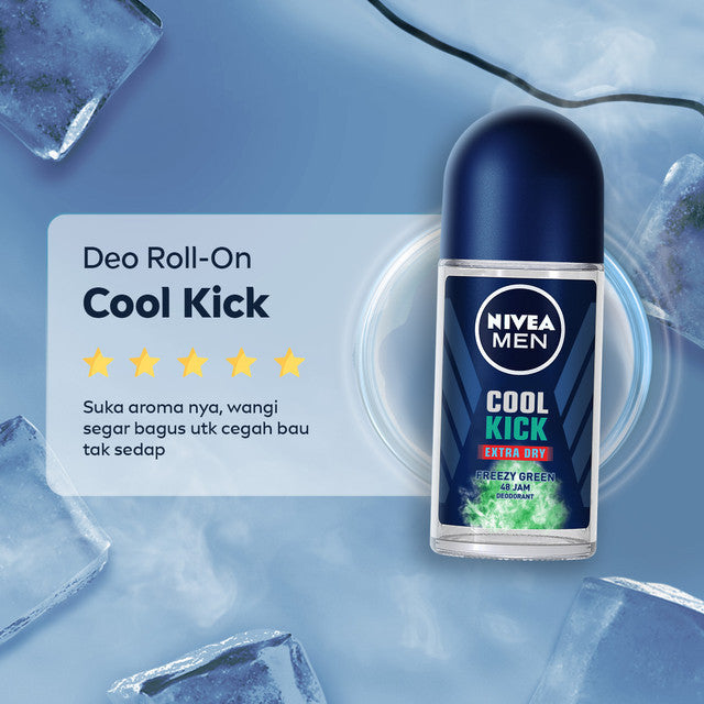 NIVEA MEN Deodorant Roll On Cool Kick Freezy Green 50ml - Deodoran pria perlindungan ekstra kering dari keringat bau badan dengan sensasi dingin menthol wangi maskulin - Antiperspiran, tidak mengandung ethyl alkohol cocok untuk semua jenis kulit