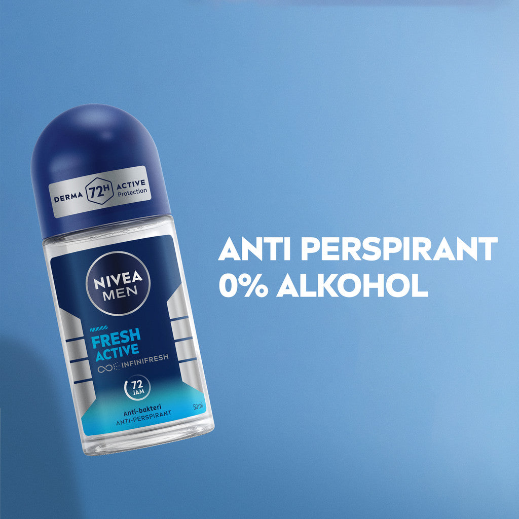 NIVEA MEN Deodorant Roll On Fresh Active 50ml - Deodoran pria anti bakteri antiperspirant anti noda baju wangi segar ketiak kering tahan lama seharian tahan keringat anti bau - Antiperspiran, tidak mengandung ethyl alkohol
