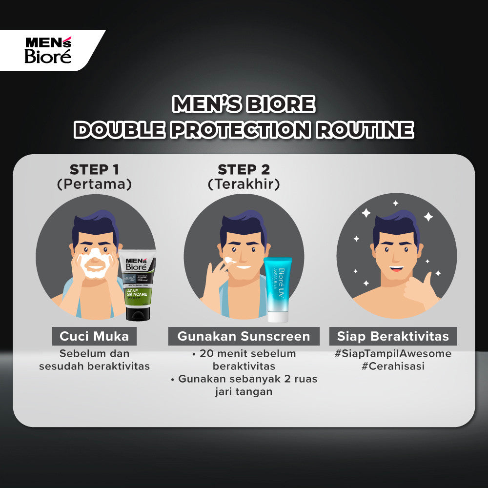 [Double Protection Kit] Men's Biore Non Scrub Sabun Muka Pria Acne Skincare 100 gr + UV Aqua Rich Sunscreen Watery Essence 15 gr