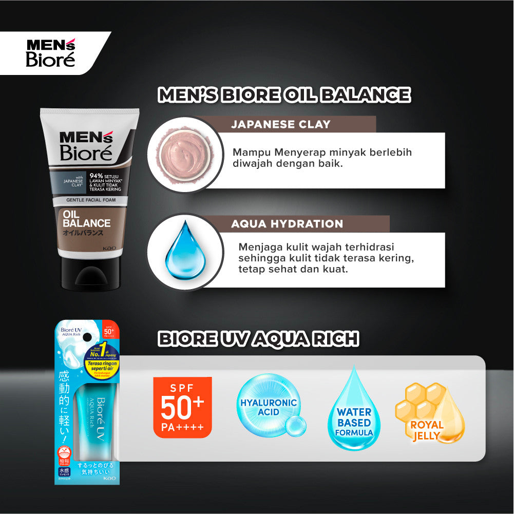 [Double Protection Kit] Men's Biore Non Scrub Sabun Muka Pria Oil Balance 100 gr + UV Aqua Rich Sunscreen Watery Essence 15 gr
