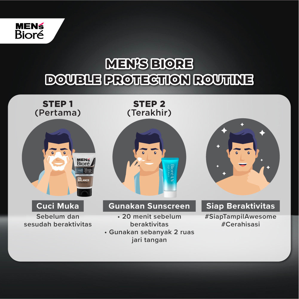 [Double Protection Kit] Men's Biore Non Scrub Sabun Muka Pria Oil Balance 100 gr + UV Aqua Rich Sunscreen Watery Essence 15 gr