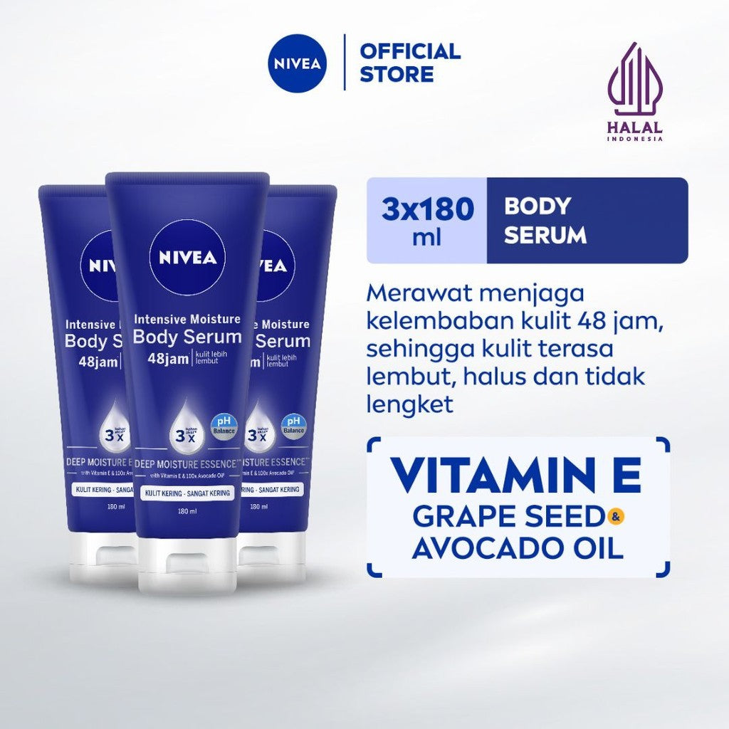 (PAKET HEMAT ISI 3) NIVEA Body Serum Intensive Moisture 180ml - Hand body serum lotion mositurizer 48 jam body care kulit kering kasar bersisik pecah-pecah memperbaiki skin barrier pelembab kulit lembut - Vitamin E, Grapeseed oil, Avocado oil, Hydra IQ