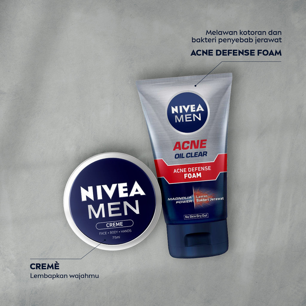 (PAKET HEMAT ISI 3) NIVEA MEN Facial Foam Oil Clear Acne Defense 100ml - Sabun cuci muka pria bebas jerawat anti bakteri pembersih wajah kulit berminyak face wash oily acne prone skin membersihkan komedo mengecilkan pori - Magnolia Power, L-Carnitine