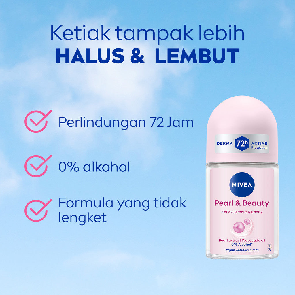 NIVEA Deodorant Roll On Pearl & Beauty 25ml - Deodoran wanita mencerahkan brightening glowing kulit ketiak halus tahan keringat dan anti bau badan - Antiperspiran, Ekstrat mutiara, Avocado oil, 0% alkohol cocok untuk semua jenis kulit