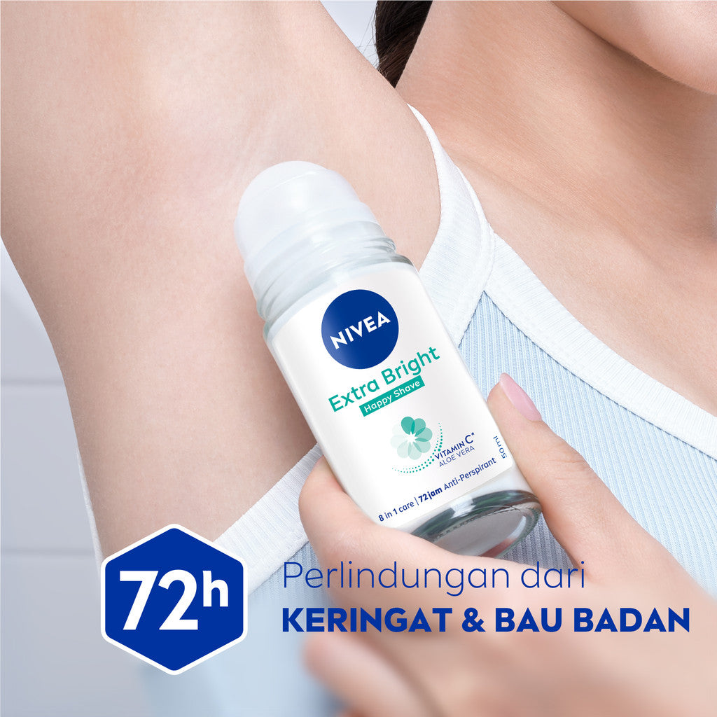 NIVEA Deodorant Roll On Brightening Happy Shave 50ml - Deodoran wanita mencerahkan mencerahkan brightening ketiak halus mulus mengurangi iritasi setelah bercukur - Vitamin C, Pro-vitamin B5, Aloe vera, 0% alkohol cocok semua jenis kulit