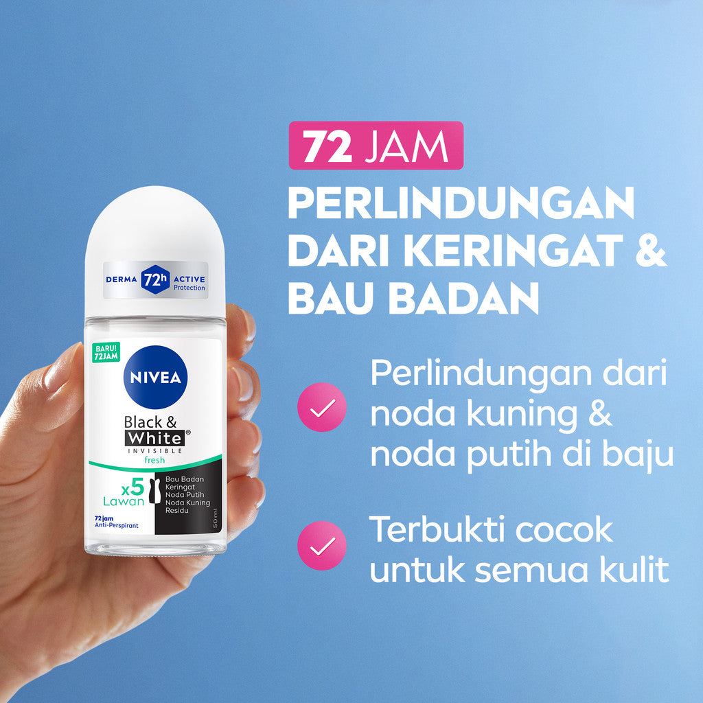 NIVEA Deodorant Roll On Black & White Invisible Fresh 50ml - Deodoran wanita melawan bau badan tahan keringat anti noda residu dengan wangi segar tahan lama seharian - Antiperspiran, tidak mengandung ethyl alkohol cocok semua jenis kulit