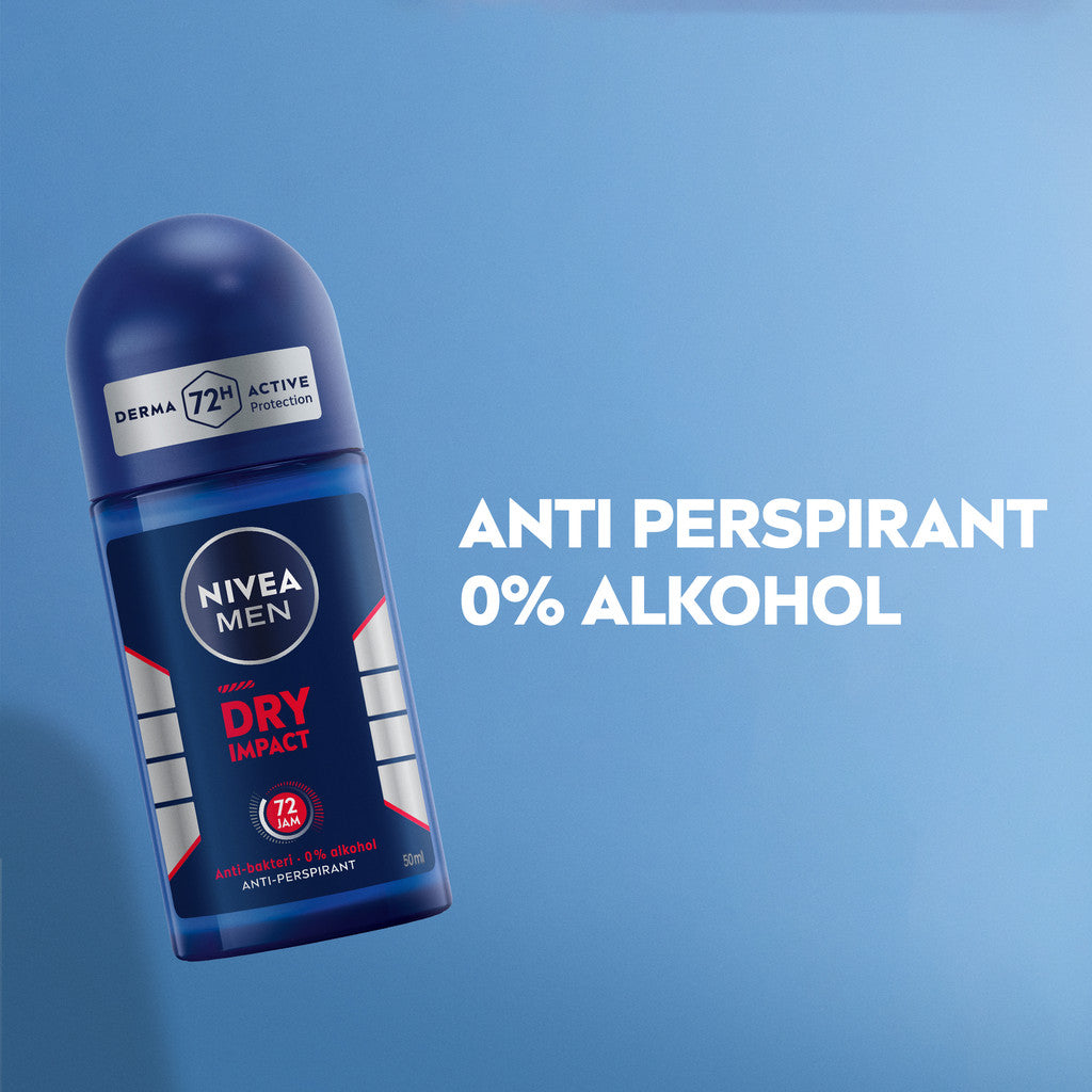 NIVEA MEN Deodorant Roll On Dry Impact 50ml - Deodoran pria anti bakteri antiperspirant anti noda baju wangi segar ketiak kering tahan lama seharian tahan keringat anti bau - Antiperspiran, tidak mengandung ethyl alkohol
