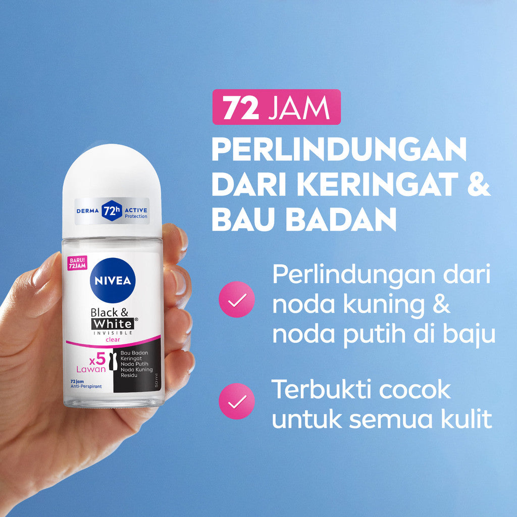 (PAKET HEMAT ISI 3) NIVEA Deodorant Roll On Black & White Invisible Original 50ml - Deodoran wanita melawan bau badan tahan keringat anti noda residu dengan wangi tahan lama seharian - Antiperspiran, tidak mengandung ethyl alkohol cocok semua jenis kulit