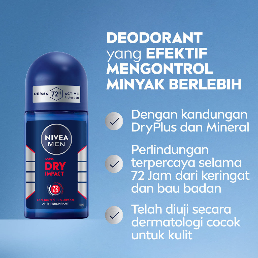 (PAKET HEMAT ISI 3) NIVEA MEN Deodorant Roll On Dry Impact 50ml - Deodoran pria anti bakteri antiperspirant anti noda baju wangi segar ketiak kering tahan lama seharian tahan keringat anti bau - Antiperspiran, tidak mengandung ethyl alkohol