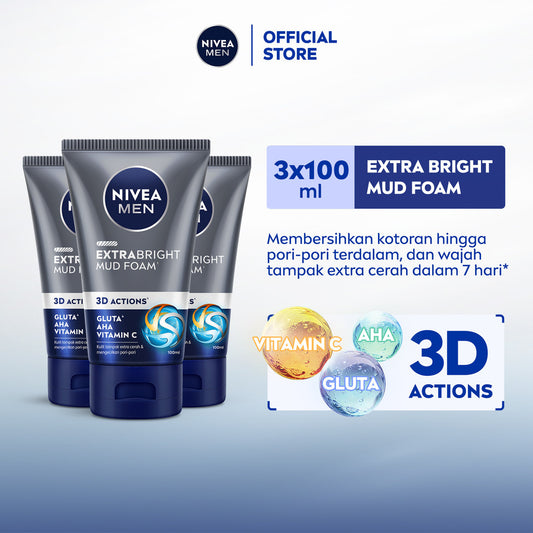 (PAKET HEMAT ISI 3) NIVEA MEN Mud Foam Extra Bright Mud Foam 100ml - Sabun cuci muka pria mencerahkan bintik hitam brightening kulit kusam facial wash wajah cerah membersihkan pori pori terdalam polusi debu kotoran - Glutathione, AHA, Vitamin C