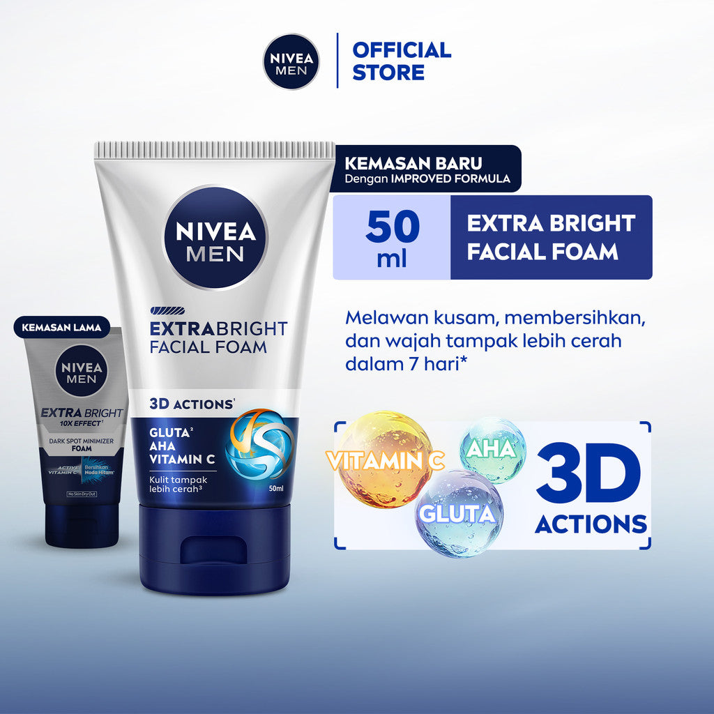 NIVEA MEN Facial Foam Extra Bright Facial Foam 50ml - Sabun cuci muka pria mencerahkan bintik hitam brightening kulit kusam cleanser facial wash pembersih wajah cerah membersihkan pori pori terdalam polusi debu kotoran - Glutathione, AHA, Vitamin C