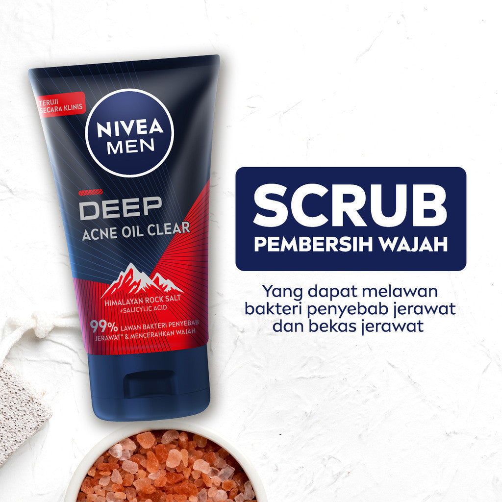 (PAKET HEMAT ISI 3) NIVEA MEN Facial Foam Deep Acne Oil Clear Face Scrub 100ml - Sabun cuci muka pria wajah membersihkan bakteri penyebab jerawat komedo kontrol kulit berminyak mengecilkan pori dan angkat sel kulit mati - Himalayan Salt, Salicylic Acid