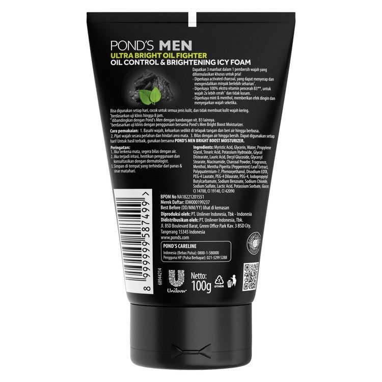 POND’S Skin Institute for Men Oil Control & Brightening ICY FOAM 100g- FACIAL WASH Pria Melawan Jerawat dan Mengontrol Minyak Berlebih Twinpack