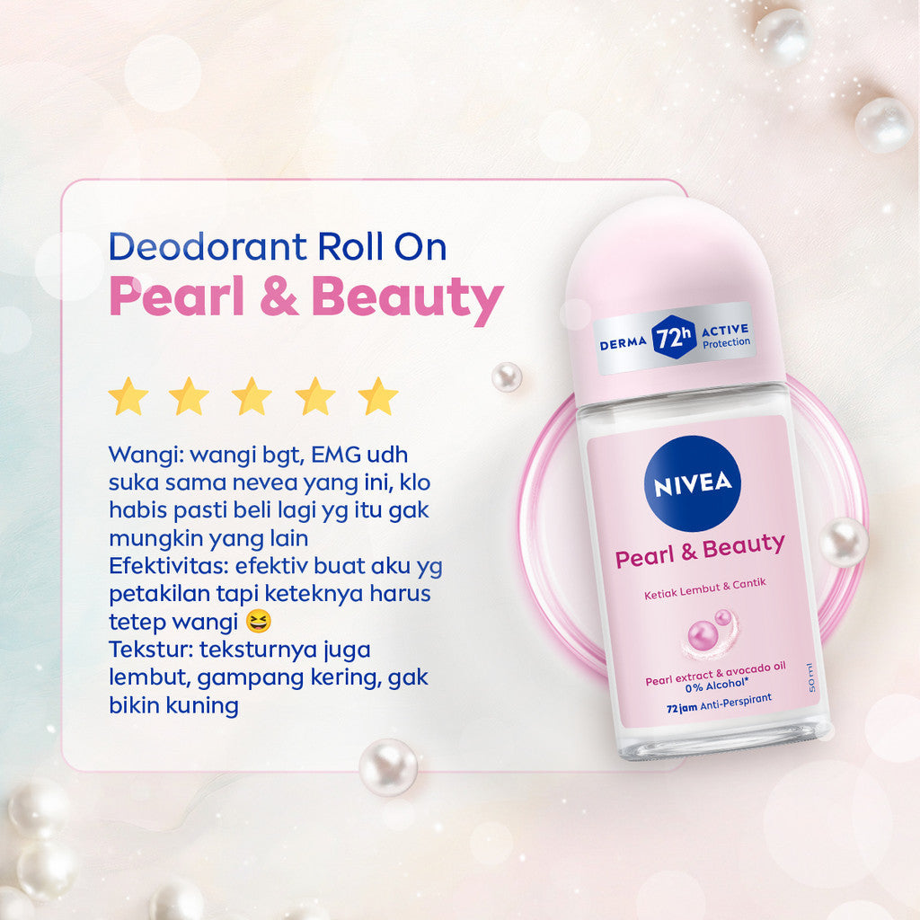 NIVEA Deodorant Roll On Pearl & Beauty 50ml - Deodoran wanita mencerahkan brightening glowing kulit ketiak halus tahan keringat dan anti bau badan - Antiperspiran, Ekstrat mutiara, Avocado oil, 0% alkohol cocok untuk semua jenis kulit