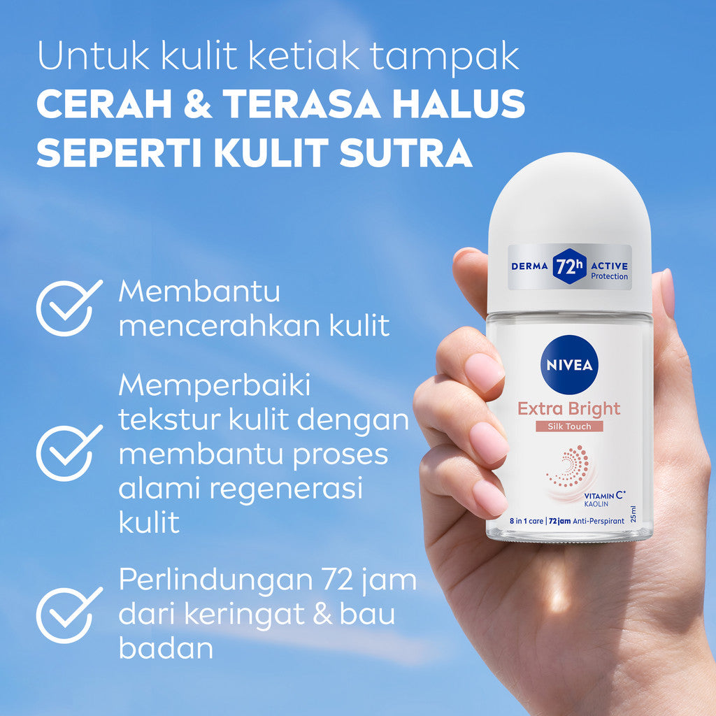 NIVEA Deodorant Roll On Brightening Silk Touch 25ml - Deodoran wanita mencerahkan brightening menutrisi kulit ketiak halus lembut dan cerah dengan wangi segar tahan lama seharian - Vitamin C, Kaolin, 0% alkohol cocok untuk semua jenis kulit