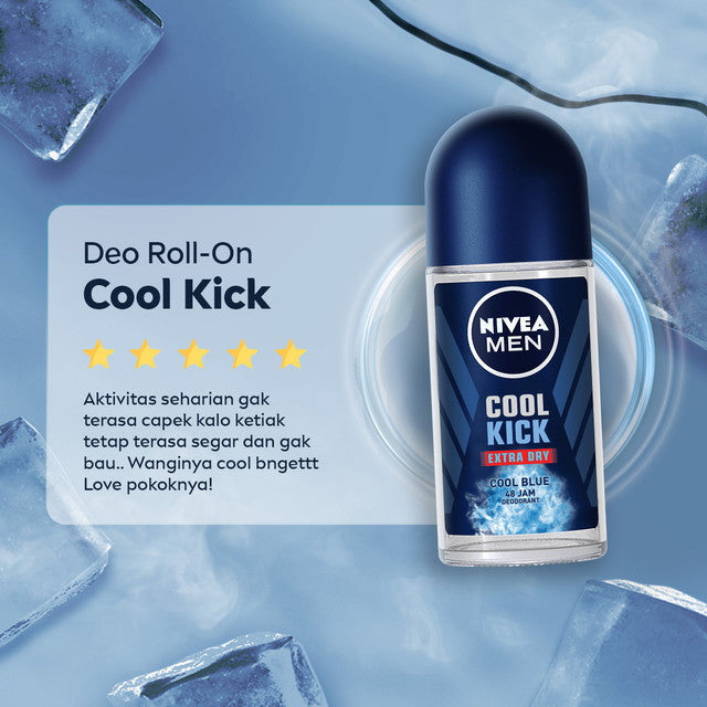 NIVEA MEN Deodorant Roll On Cool Kick 25ml - Deodoran pria perlindungan ekstra kering dari keringat bau badan dengan sensasi dingin dan wangi sporty maskulin seharian - Antiperspiran, tidak mengandung ethyl alkohol cocok untuk semua jenis kulit