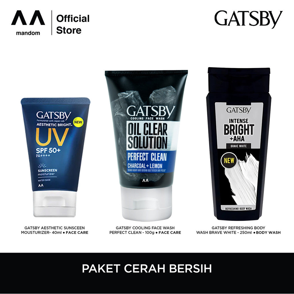 PAKET CERAH BERSIH (Aesthetic Bright Sunscreen Moisturizer, Cooling Face Wash - Perfect Clean, Refreshing Body Wash Brave White 250ml)