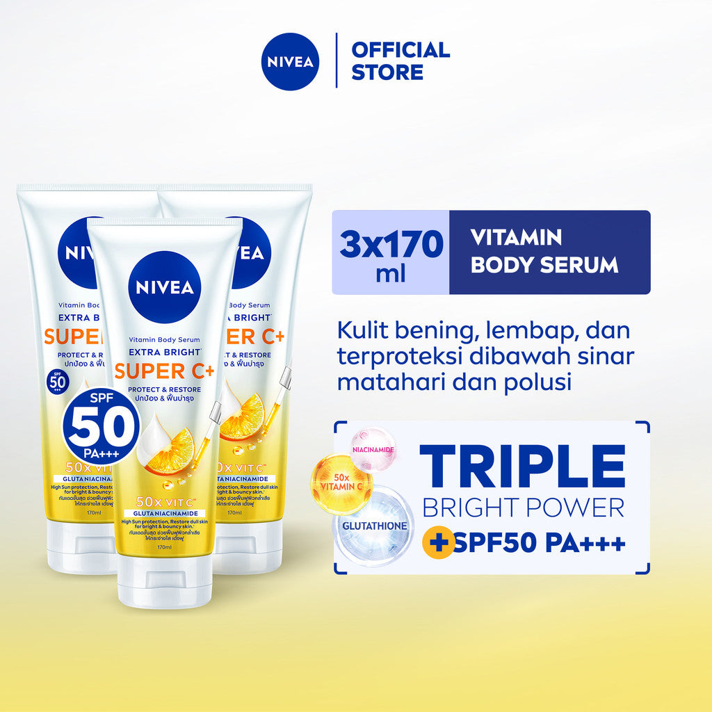 (PAKET HEMAT ISI 3) NIVEA Body Serum Extra Bright Super C+ SPF50+ PA+++ 170ml - Hand body serum lotion mencerahkan kulit kusam bening badan glowing brightening melembabkan kering SPF UV matahari harian tidak lengket - Vitamin C, Niacinamide, Glutathione