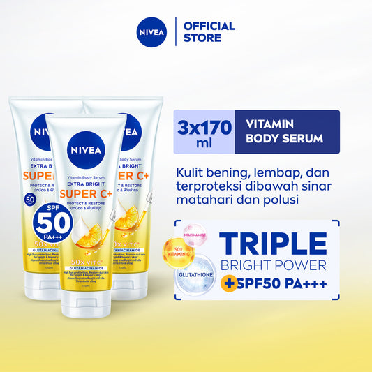 (PAKET HEMAT ISI 3) NIVEA Body Serum Extra Bright Super C+ SPF50+ PA+++ 170ml - Hand body serum lotion mencerahkan kulit kusam bening badan glowing brightening melembabkan kering SPF UV matahari harian tidak lengket - Vitamin C, Niacinamide, Glutathione