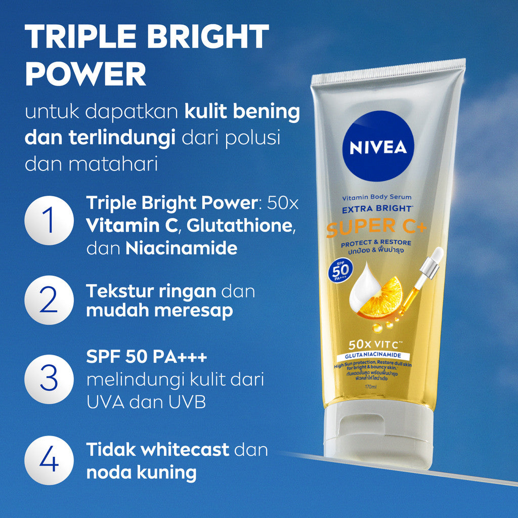 (PAKET HEMAT ISI 3) NIVEA Body Serum Extra Bright Super C+ SPF50+ PA+++ 170ml - Hand body serum lotion mencerahkan kulit kusam bening badan glowing brightening melembabkan kering SPF UV matahari harian tidak lengket - Vitamin C, Niacinamide, Glutathione