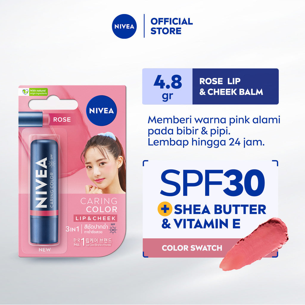 NIVEA Lip Balm Caring Color Rose 3 in 1 SPF 30 4.8gr - Pelembap bibir warna pink tinted pigmented melembabkan plumpy kering pecah-pecah tahan lama melindungi bibir natural intensif lembap glossy - Vitamin C & E, 3 Natural Oils, Shea Butter