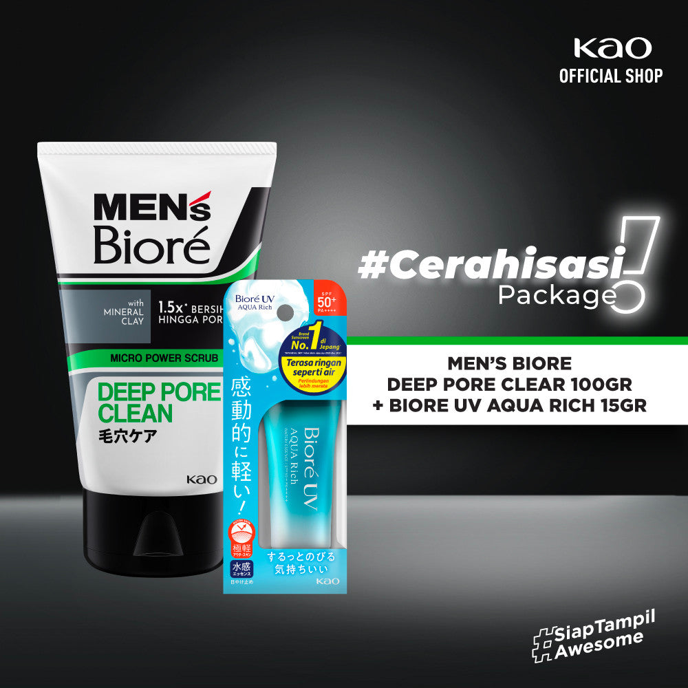 [Double Protection Kit] Men's Biore Double Scrub Sabun Muka Pria Deep Fresh 100 gr + UV Aqua Rich Sunscreen Watery Essence 15 gr