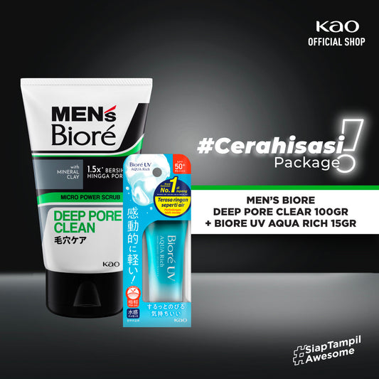 [Double Protection Kit] Men's Biore Double Scrub Sabun Muka Pria Deep Fresh 100 gr + UV Aqua Rich Sunscreen Watery Essence 15 gr